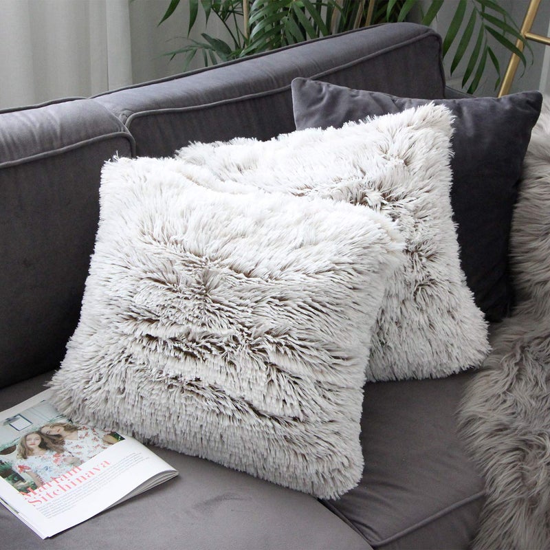 Uhomy 2 Packs Fluffy Accent Pillows Cover 18"x18", Soft Brown Ombre Artificial Fur Throw Pillow Case, Modern Luxury Decorative Square Cushion Cover for farmhouse home decor for Sofa/Bed/Chair, 45x45cm - Image 1
